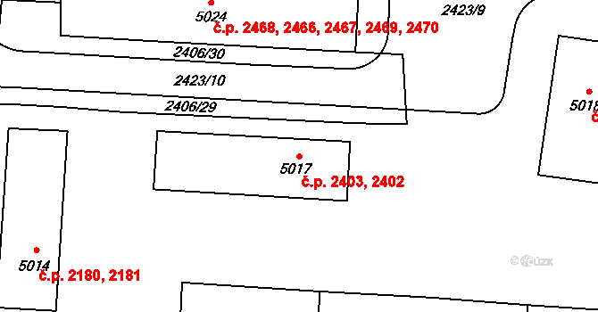 Zelené Předměstí 2402,2403, Pardubice na parcele st. 5017 v KÚ Pardubice, Katastrální mapa