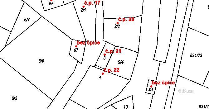 Vranová 21 na parcele st. 3 v KÚ Vranová u Letovic, Katastrální mapa