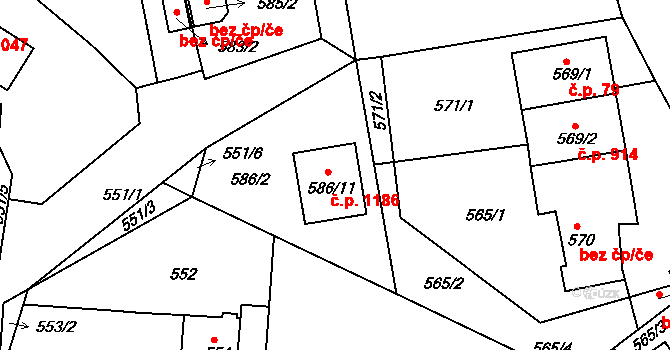 Třemošná 1186 na parcele st. 586/11 v KÚ Třemošná, Katastrální mapa