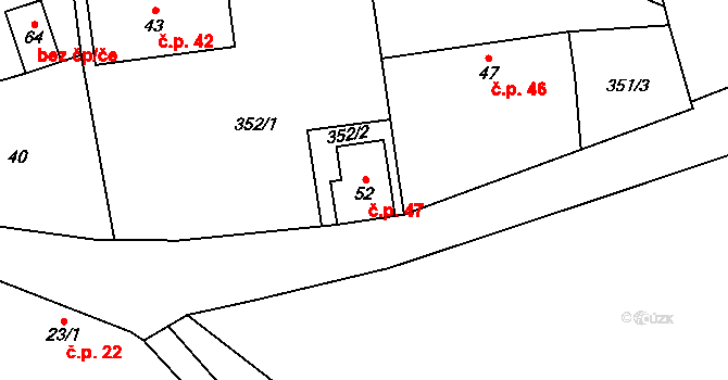 Nahořany 47, Čestice na parcele st. 52 v KÚ Nahořany u Čkyně, Katastrální mapa