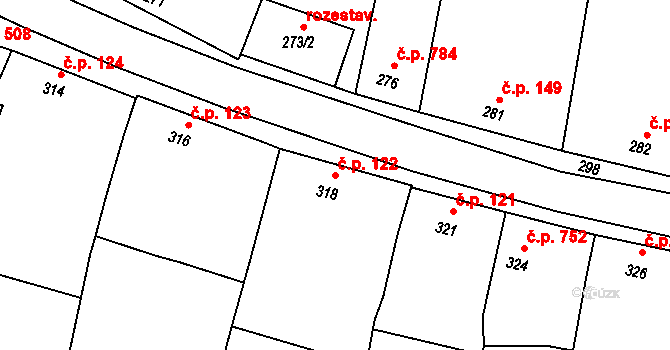 Klobouky u Brna 122 na parcele st. 318 v KÚ Klobouky u Brna, Katastrální mapa