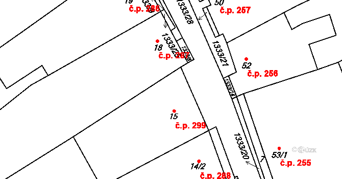 Chlupice 299, Hostěradice na parcele st. 15 v KÚ Chlupice, Katastrální mapa