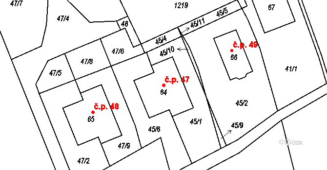 Hůrky 47, Zahrádka na parcele st. 64 v KÚ Hůrky u Zahrádky, Katastrální mapa