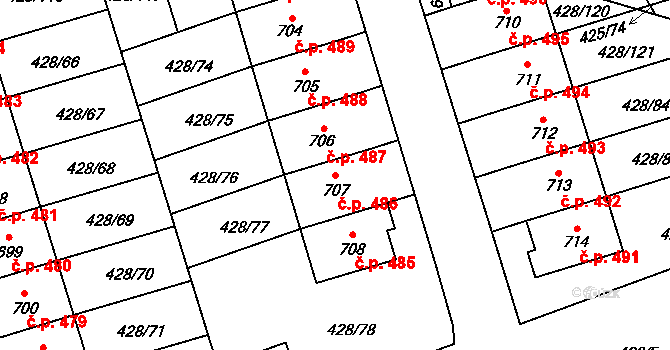 Horoměřice 486 na parcele st. 707 v KÚ Horoměřice, Katastrální mapa