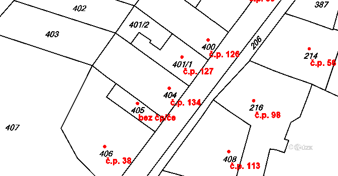 Dřínov 134 na parcele st. 404 v KÚ Dřínov u Kroměříže, Katastrální mapa