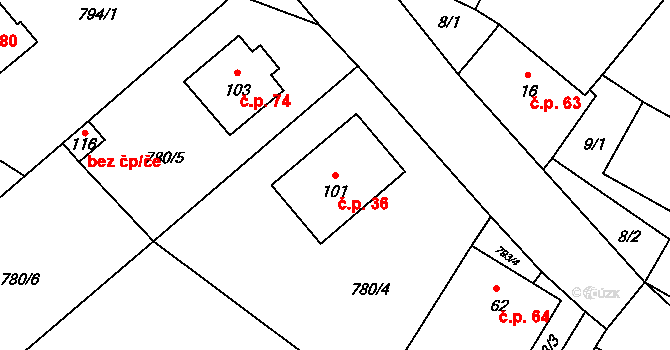 Pluhův Žďár 36 na parcele st. 101 v KÚ Pluhův Žďár, Katastrální mapa