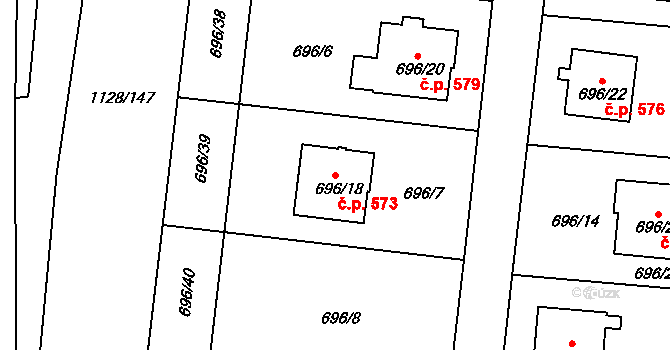 Tuchlovice 573 na parcele st. 696/18 v KÚ Tuchlovice, Katastrální mapa