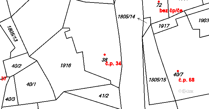 Slavice 34, Horní Kozolupy na parcele st. 38 v KÚ Slavice u Horních Kozolup, Katastrální mapa