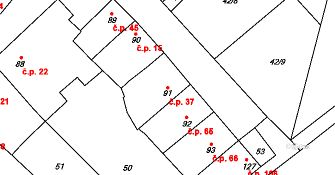 Kožušany 37, Kožušany-Tážaly na parcele st. 91 v KÚ Kožušany, Katastrální mapa