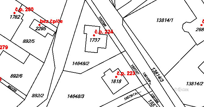 Hovězí 224 na parcele st. 1737 v KÚ Hovězí, Katastrální mapa