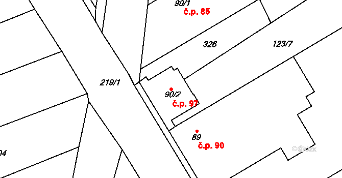 Červeněves 97, Smidary na parcele st. 90/2 v KÚ Červeněves, Katastrální mapa