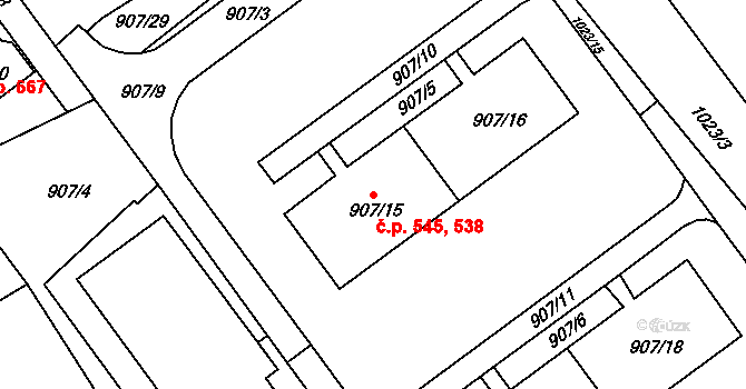 Obřany 538,545, Brno na parcele st. 907/15 v KÚ Obřany, Katastrální mapa