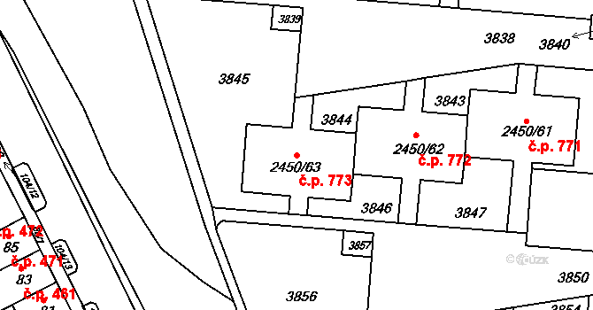Komín 773, Brno na parcele st. 2450/63 v KÚ Komín, Katastrální mapa