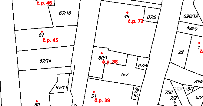 Skrýšov 38, Pelhřimov na parcele st. 50/1 v KÚ Skrýšov u Pelhřimova, Katastrální mapa