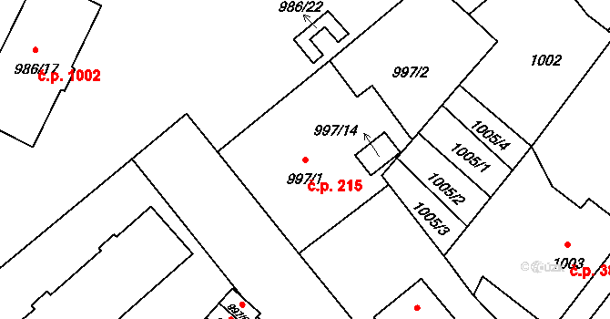 Pelhřimov 215 na parcele st. 997/1 v KÚ Pelhřimov, Katastrální mapa