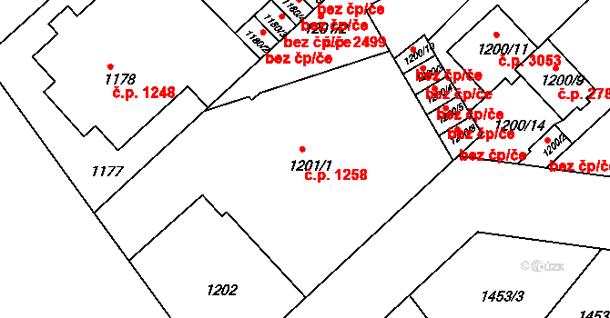 Teplice 1258 na parcele st. 1201/1 v KÚ Teplice, Katastrální mapa