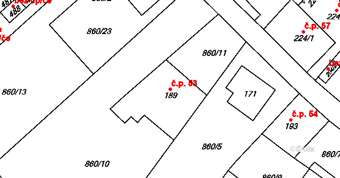 Daliměřice 53, Turnov na parcele st. 189 v KÚ Daliměřice, Katastrální mapa