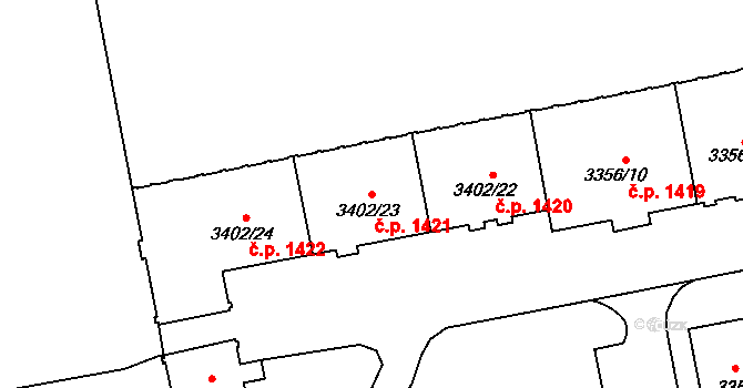 Nové Město 1421, Karviná na parcele st. 3402/23 v KÚ Karviná-město, Katastrální mapa