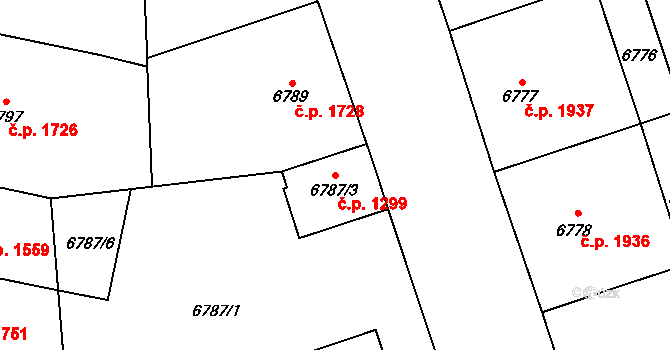 Jižní Předměstí 1299, Plzeň na parcele st. 6787/3 v KÚ Plzeň, Katastrální mapa