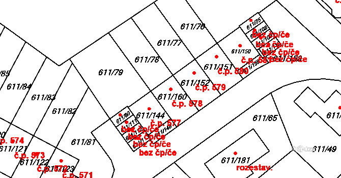 Srubec 578 na parcele st. 611/160 v KÚ Srubec, Katastrální mapa
