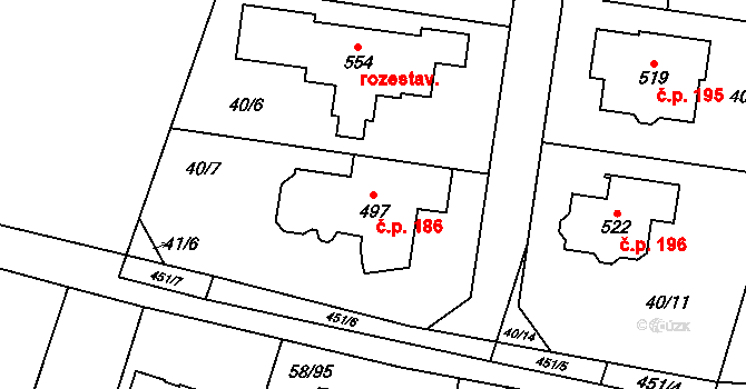 Roudnička 186, Hradec Králové na parcele st. 497 v KÚ Roudnička, Katastrální mapa