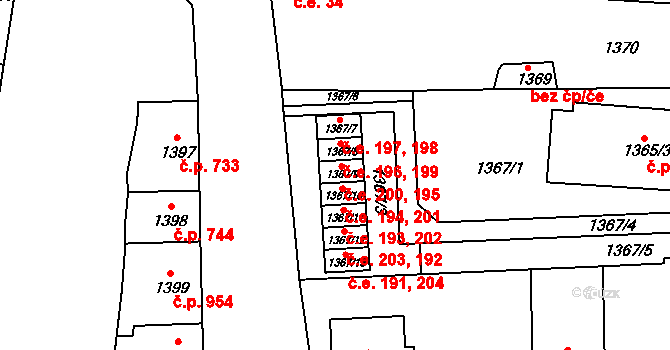Rajhrad 195,200 na parcele st. 1367/9 v KÚ Rajhrad, Katastrální mapa