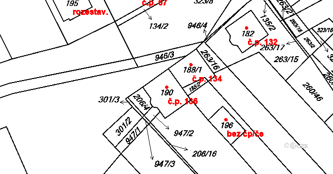 Hlinsko pod Hostýnem 136, Bystřice pod Hostýnem na parcele st. 190 v KÚ Hlinsko pod Hostýnem, Katastrální mapa
