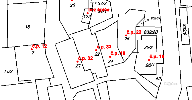 Bor u Chroustovic 33, Rosice na parcele st. 22 v KÚ Bor u Chroustovic, Katastrální mapa