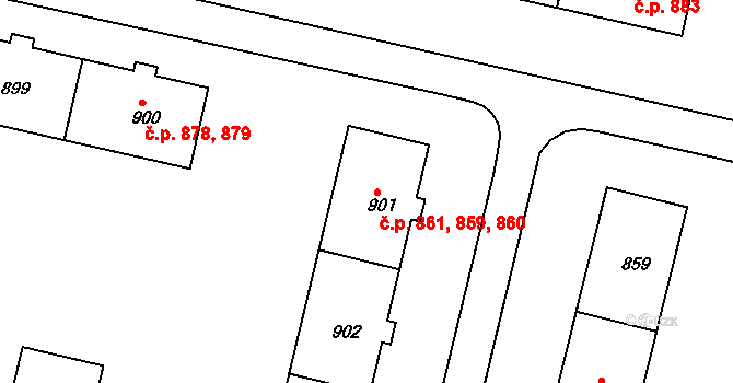 Nýřany 859,860,861 na parcele st. 901 v KÚ Nýřany, Katastrální mapa