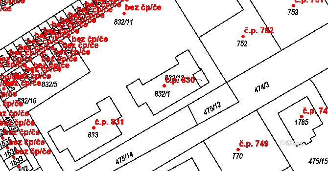 Přeštice 830 na parcele st. 832/1 v KÚ Přeštice, Katastrální mapa