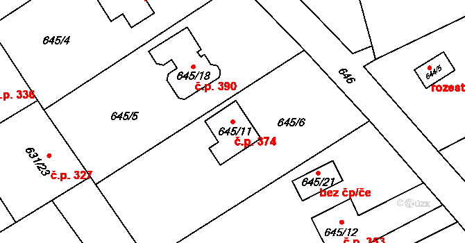 Josefov 374, Jaroměř na parcele st. 645/11 v KÚ Josefov u Jaroměře, Katastrální mapa