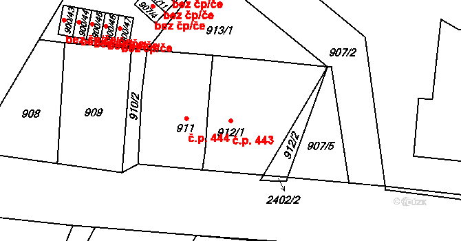 Holice 443 na parcele st. 912/1 v KÚ Holice v Čechách, Katastrální mapa