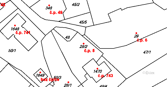 Rosice 5, Pardubice na parcele st. 28/2 v KÚ Rosice nad Labem, Katastrální mapa