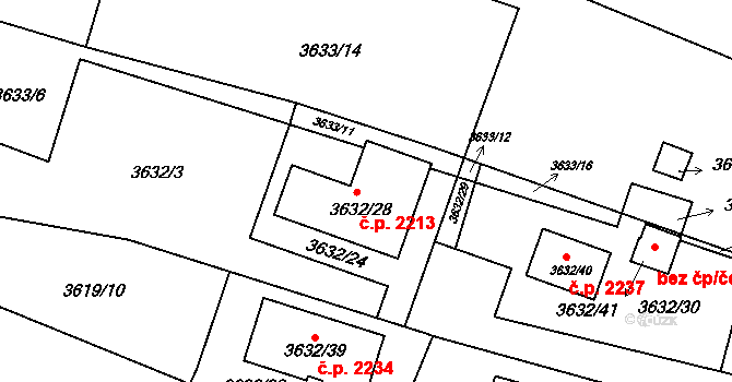 Tachov 2213 na parcele st. 3632/28 v KÚ Tachov, Katastrální mapa
