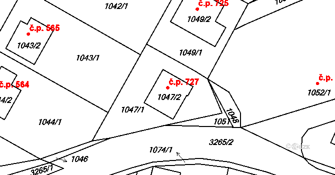 Kamenice nad Lipou 727 na parcele st. 1047/2 v KÚ Kamenice nad Lipou, Katastrální mapa