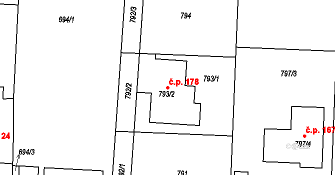 Vrchoslavice 178 na parcele st. 793/2 v KÚ Vrchoslavice, Katastrální mapa