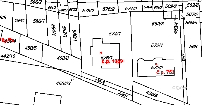 Rajhrad 1039 na parcele st. 576/1 v KÚ Rajhrad, Katastrální mapa