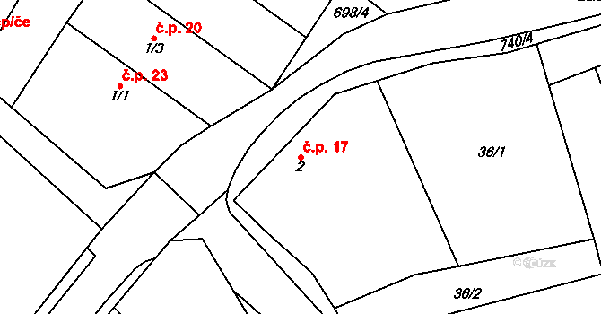 Zvěstovice 17 na parcele st. 2 v KÚ Zvěstovice, Katastrální mapa