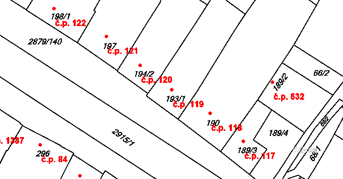 Bystřice pod Hostýnem 119 na parcele st. 193/1 v KÚ Bystřice pod Hostýnem, Katastrální mapa