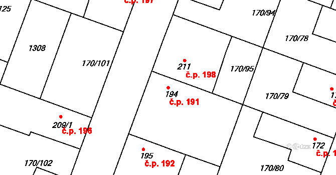 Hořátev 191 na parcele st. 194 v KÚ Hořátev, Katastrální mapa