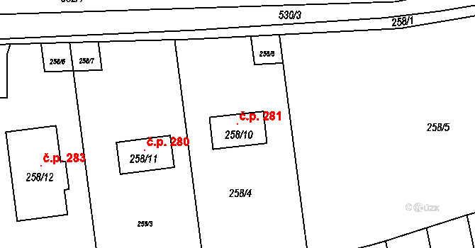 Svinařov 281 na parcele st. 258/10 v KÚ Svinařov u Kladna, Katastrální mapa