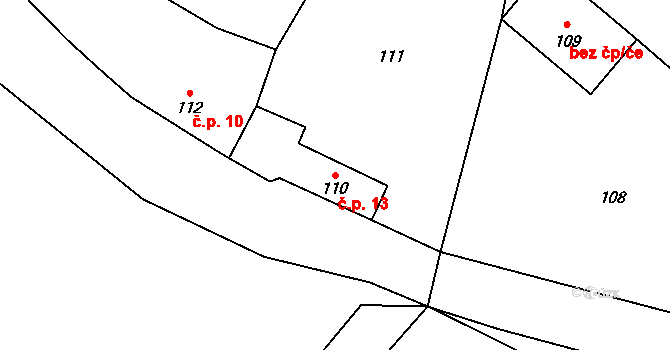 Stvolínky 13 na parcele st. 110 v KÚ Stvolínky, Katastrální mapa