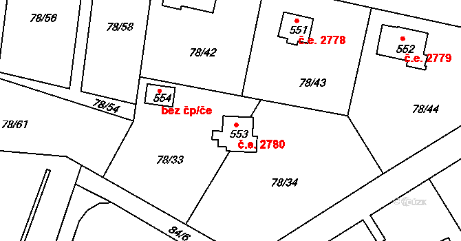 Těptín 2780, Kamenice na parcele st. 553 v KÚ Těptín, Katastrální mapa
