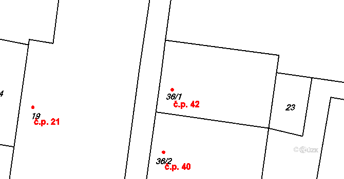 Klenov 42, Pluhův Žďár na parcele st. 36/1 v KÚ Klenov, Katastrální mapa
