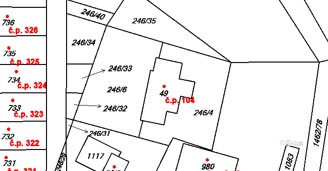 Raškovice 104 na parcele st. 49 v KÚ Raškovice, Katastrální mapa