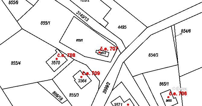 Ostravice 707 na parcele st. 3610 v KÚ Staré Hamry 2, Katastrální mapa