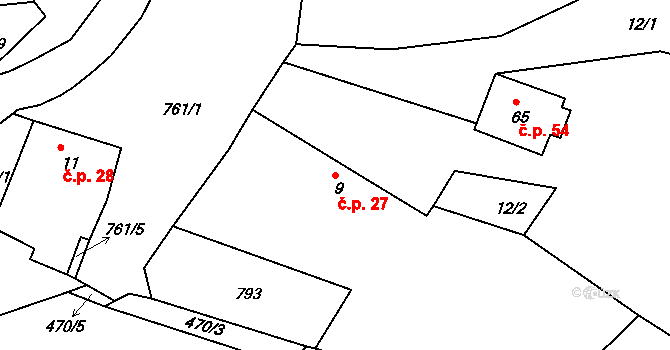 Čakovice 27, Štětí na parcele st. 9 v KÚ Čakovice u Radouně, Katastrální mapa