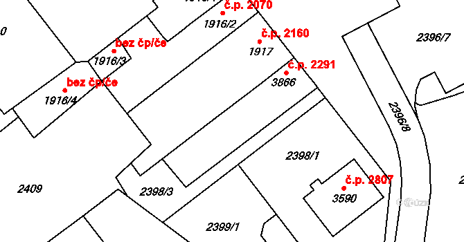 Břeclav 2291 na parcele st. 3866 v KÚ Břeclav, Katastrální mapa