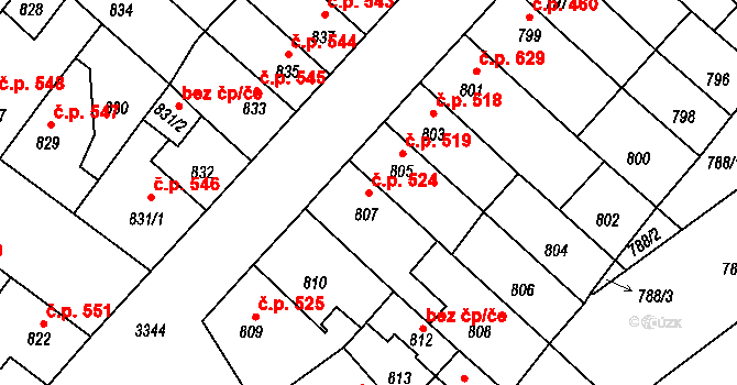 Pelhřimov 524 na parcele st. 807 v KÚ Pelhřimov, Katastrální mapa
