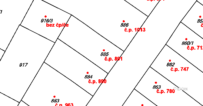 Teplice 891 na parcele st. 885 v KÚ Teplice, Katastrální mapa